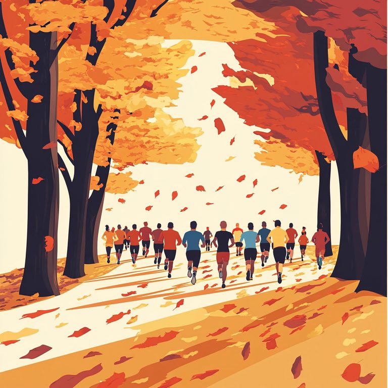 Runners competing in an autumn forest race under a banner