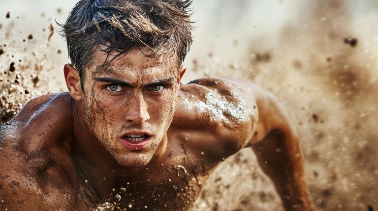 Male athlete pushing through mud during an obstacle course race