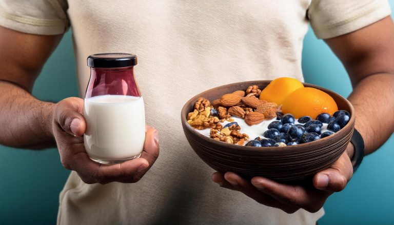 Yogurt parfait with oatmeal, blueberries, and strawberries — probiotic foods for gut health