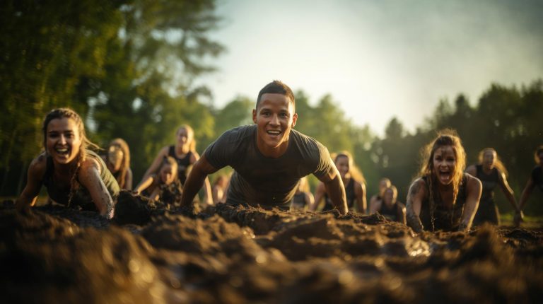 Group of athletes crawling through a mud obstacle course race