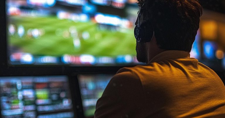 Broadcasting engineer monitoring live sports event across multiple screens in a control room