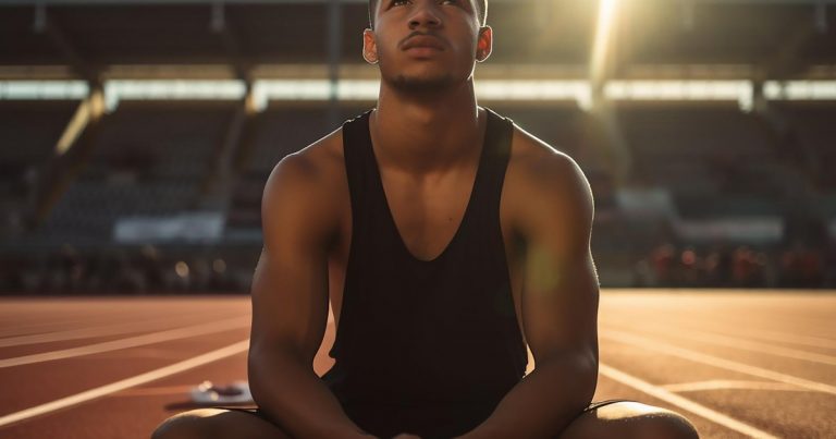 Athlete in focused mental preparation before a race
