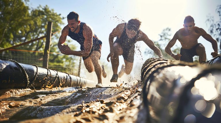 Athletes crawling through mud and over logs at an obstacle course race