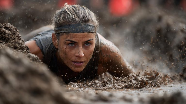 OCR athlete crawling through mud pit during obstacle course race