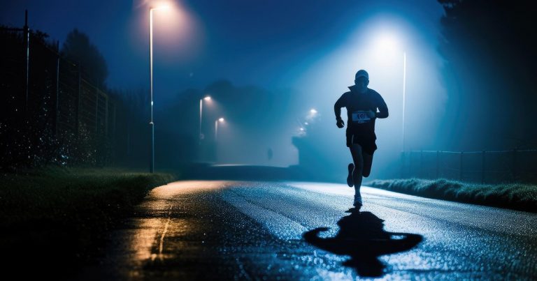Runner racing at night on a wet trail under artificial lighting