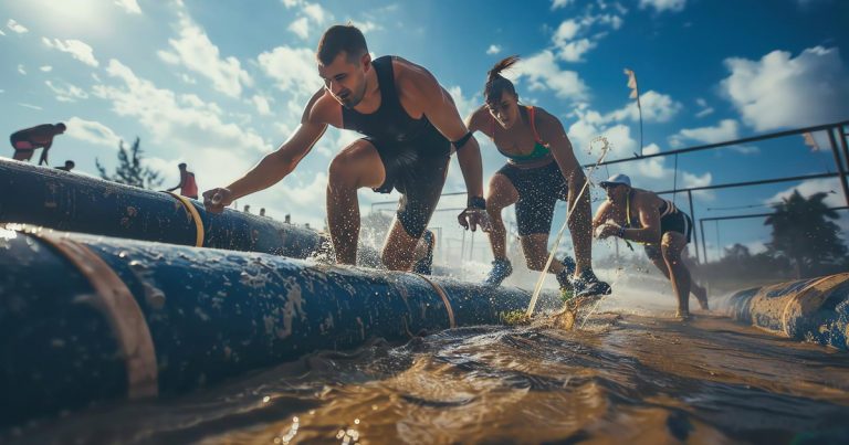 Athletes navigating a muddy obstacle course at an OCR event