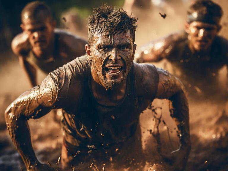 Runners competing in a mud obstacle course race at a major event