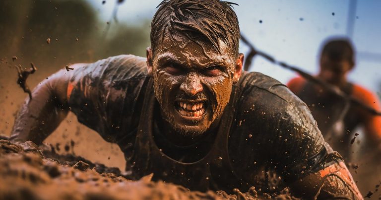 Runners navigating a muddy obstacle course race