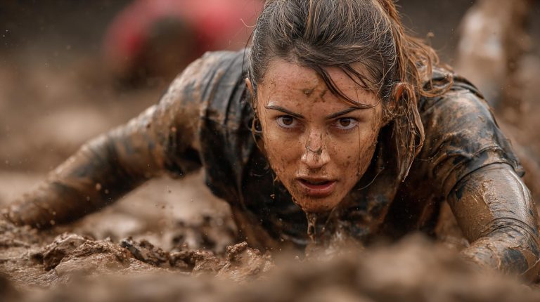 Female athlete crawling through a mud pit during an obstacle course race