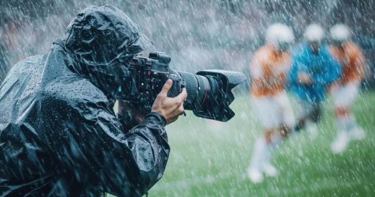 Sports photographer with professional camera shooting outdoor event in rainy conditions