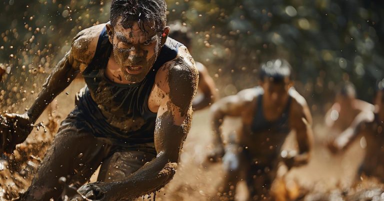 Athlete covered in mud competing in obstacle course race
