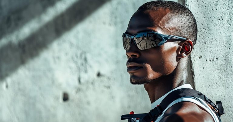 Athlete wearing sport sunglasses and athletic gear preparing for race