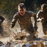 OCR athlete covered in mud mid-race, capturing the raw intensity of obstacle course racing