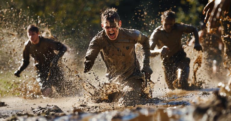 OCR athlete covered in mud mid-race, capturing the raw intensity of obstacle course racing