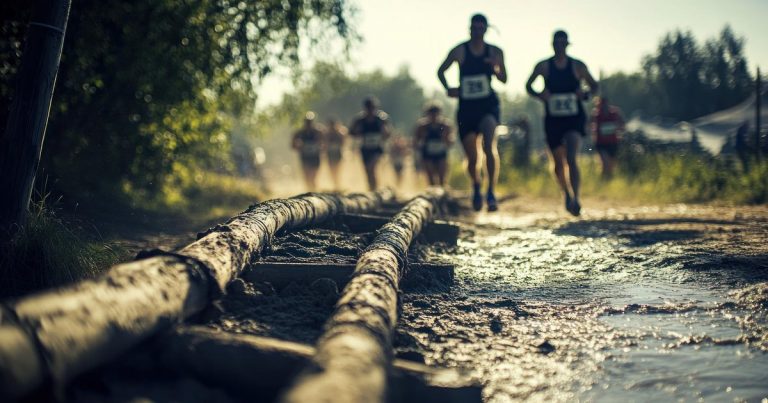 OCR athletes running through a muddy obstacle course race