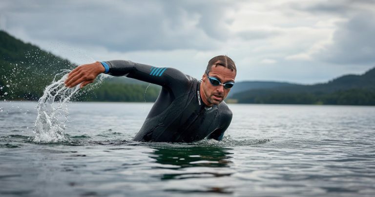 Athlete swimming in open water wearing a wetsuit, training for OCR water obstacles