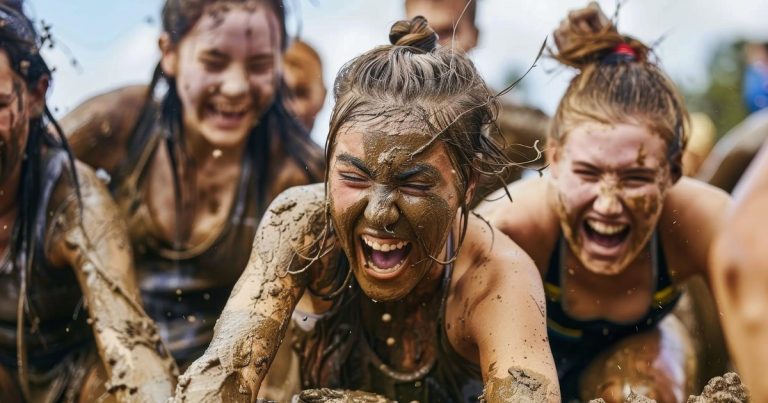 Athletes competing together in a mud run obstacle course race event