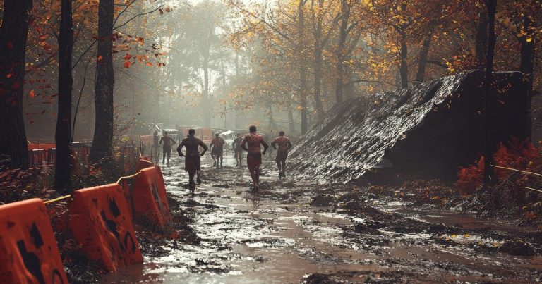 OCR athletes racing through a muddy obstacle course in autumn forest conditions