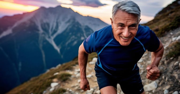 Senior masters athlete trail running in mountain terrain