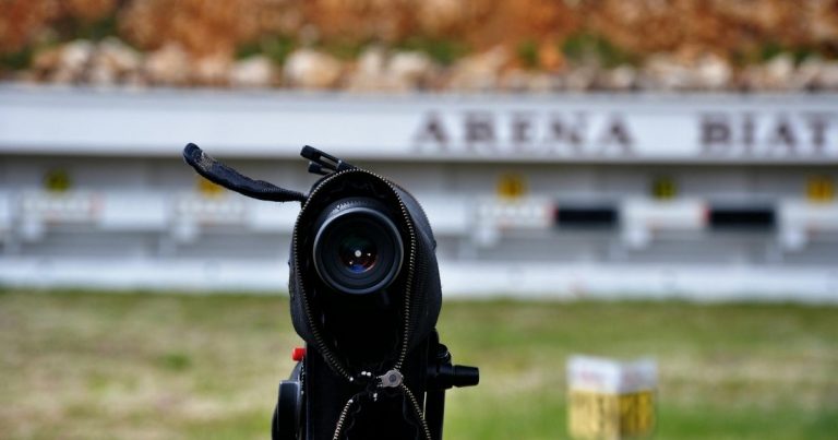 Professional broadcast camera at a sports stadium