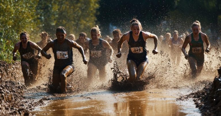 OCR athletes covered in mud crossing the finish line together