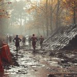 OCR athletes racing through muddy autumn woodland terrain