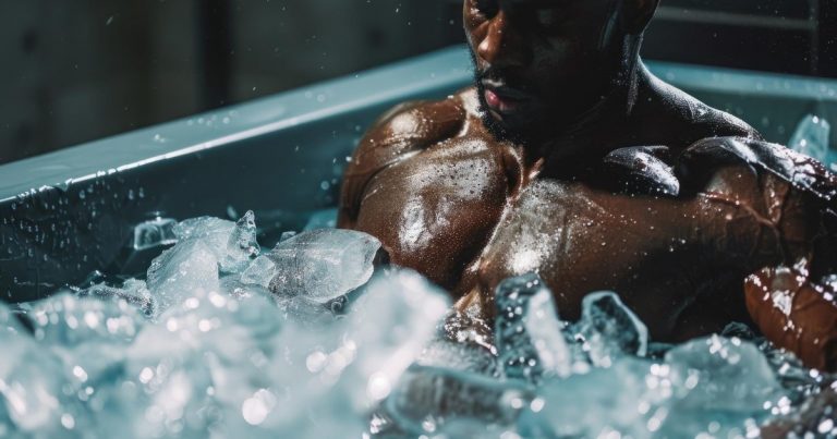 Athlete sitting in an ice bath for post-workout recovery, cold water immersion therapy