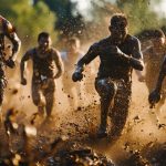Competitors racing through mud at an obstacle course race