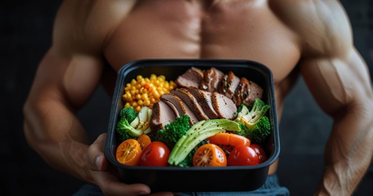 Athlete holding a balanced meal prep container with protein and carbohydrates for post-workout recovery