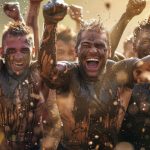 Mud-covered OCR athletes celebrating together at the finish line