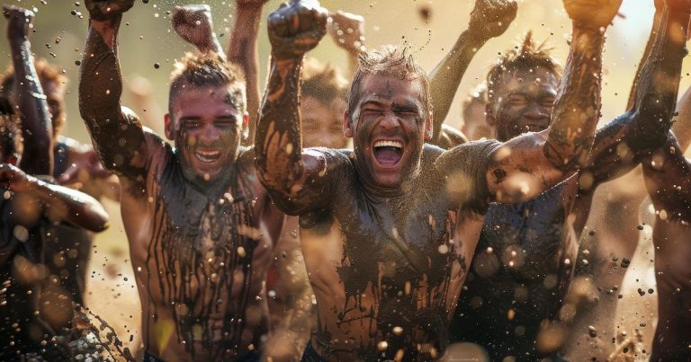 Mud-covered OCR athletes celebrating together at the finish line