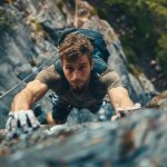 Athlete climbing a rock wall outdoors, illustrating traverse wall technique in obstacle course racing