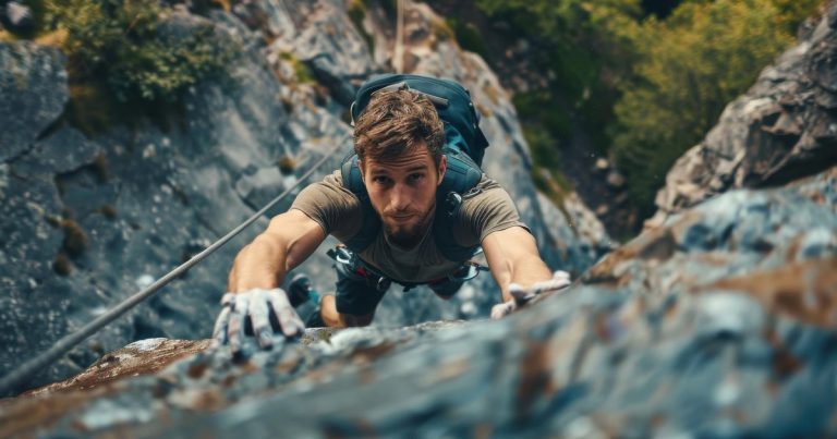 Athlete climbing a rock wall outdoors, illustrating traverse wall technique in obstacle course racing