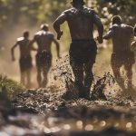 Athletes racing through mud at an obstacle course event