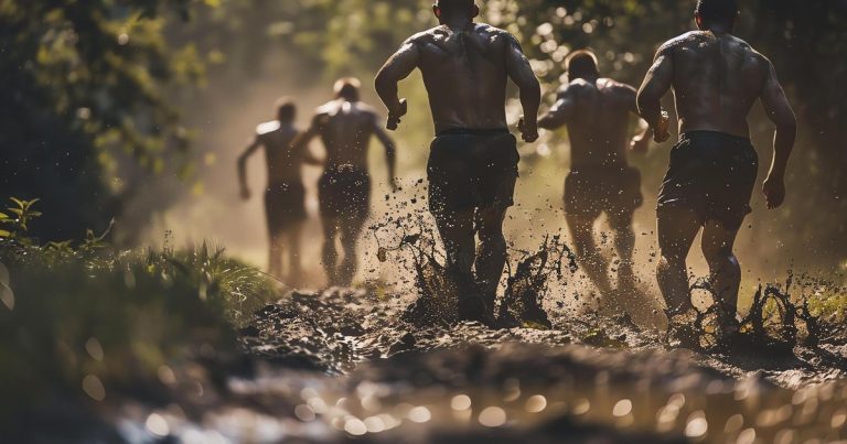 Athletes racing through mud at an obstacle course event