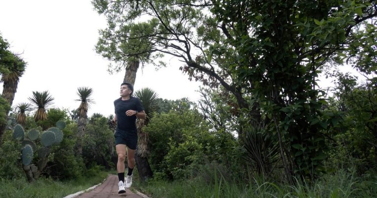Trail runner on a dirt path through natural terrain