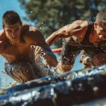 Athletes running through a muddy water obstacle on an OCR course
