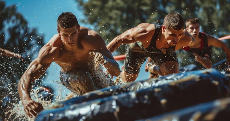 Athletes running through a muddy water obstacle on an OCR course