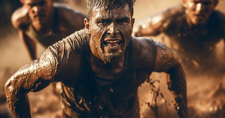 Runners competing in a mud obstacle course race