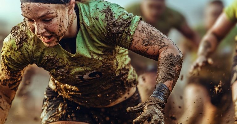 Athlete covered in mud competing in a demanding obstacle course race