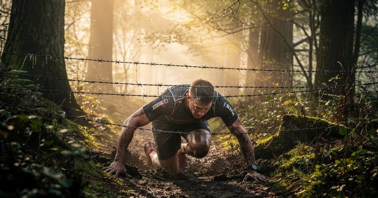 An athlete crawling through a muddy obstacle course in a misty forest at dawn