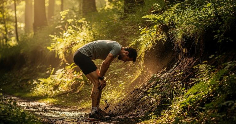 OCR athlete sitting exhausted on a trail, illustrating iron deficiency and performance fatigue