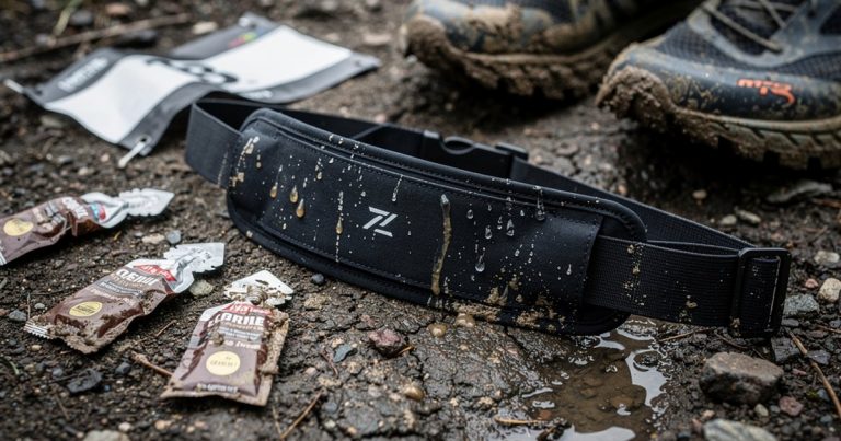 OCR race belt and gear flat-lay on muddy terrain before a race