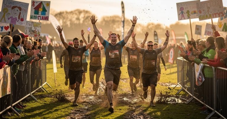 OCR athletes crossing the finish line together at a charity race event