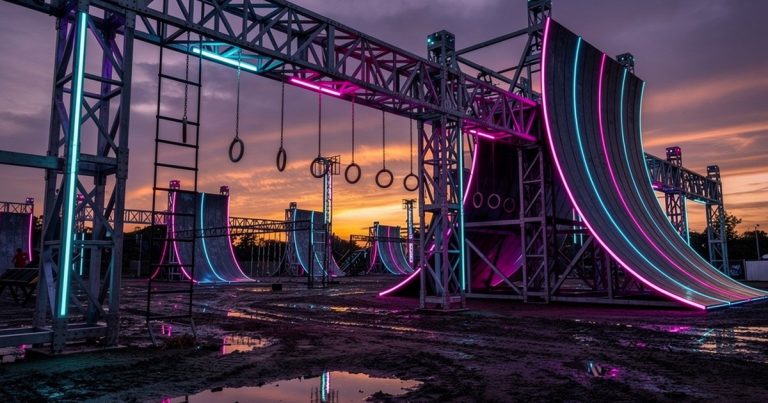 Innovative OCR obstacle course steel structure at dusk with dramatic lighting