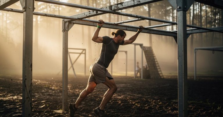 OCR athlete traversing monkey bars on an outdoor obstacle course