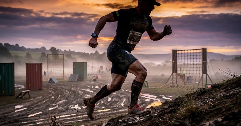 Elite OCR athlete racing at dawn on a rugged obstacle course