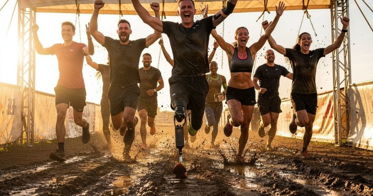 Adaptive athletes and able-bodied competitors finishing an OCR event together