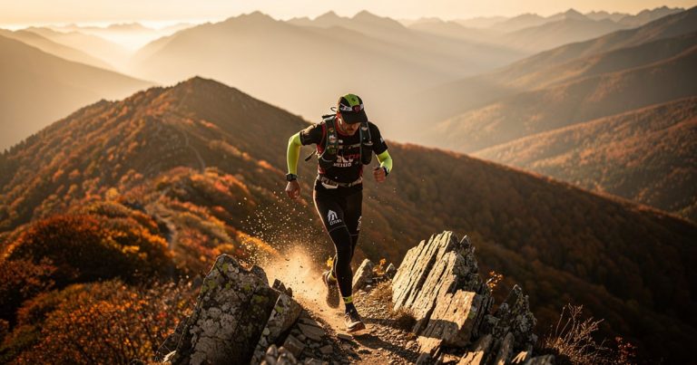 OCR athlete cresting a mountain ridgeline at golden hour during fall season training