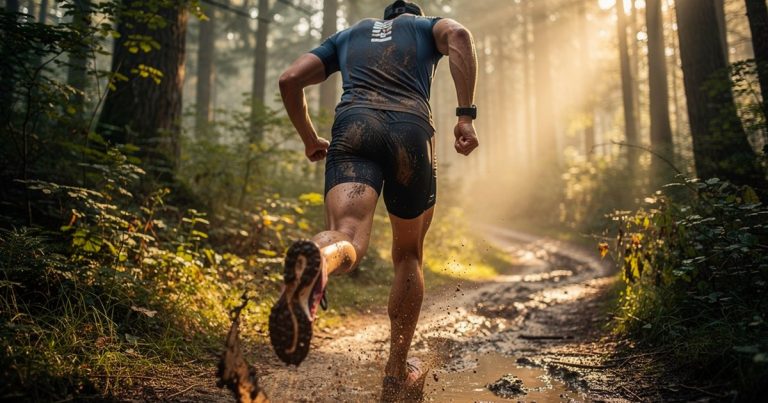 OCR athlete running trail in performance shorts and tights
